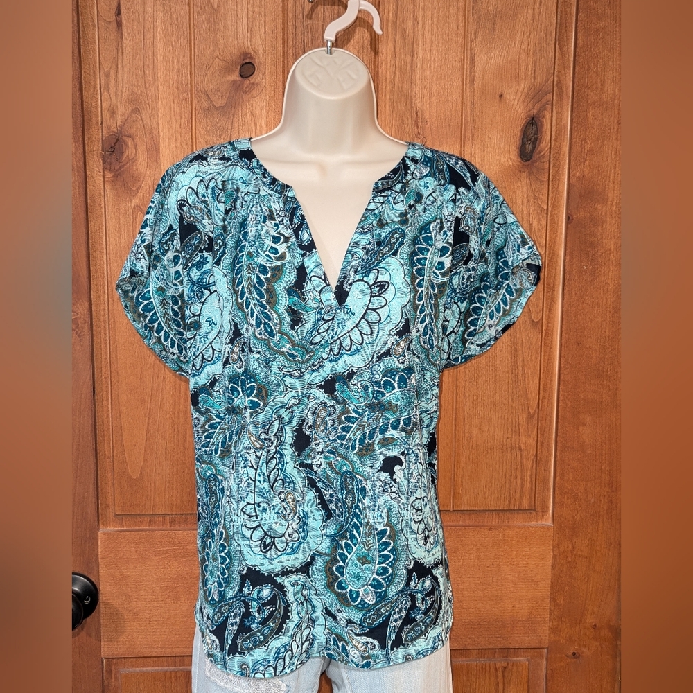 Banana Republic Teal and‎ Navy Paisley Top